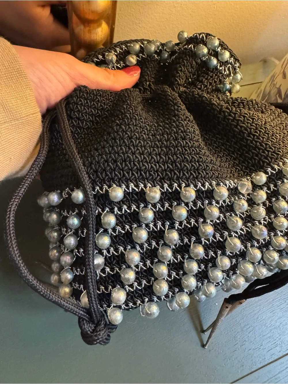 Vintage Women's Black Beaded Drawstring Pouch Bag